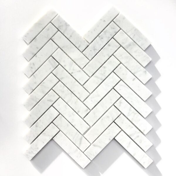 Carrara Herringbone Marble / Marble / Herringbone /Mosaic / Bathroom / Kitchen / Powder Room / Laundry / Essendon / Sunbury / Luscombe Tiles