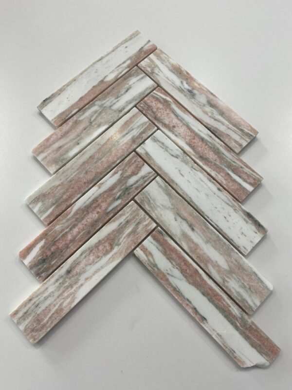 Artemis Norwegian Pink Marble Herrinbone Mosaic | Feature tile | Bathroom | Kitchen | Powder Room | Essendon | Sunbury | Melbourne | Luscombe Tiles | Marble Mosaic