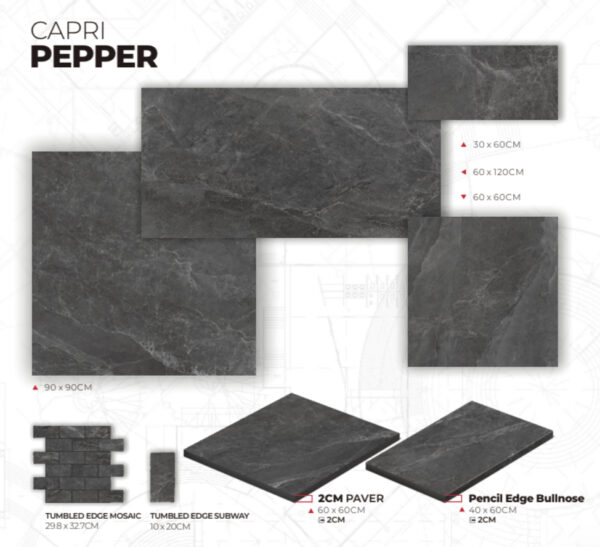 Capri Pepper | Indoor & Outdoor Tiles | Macedon Ranges | Melbourne | Sunbury | Luscombe Tiles